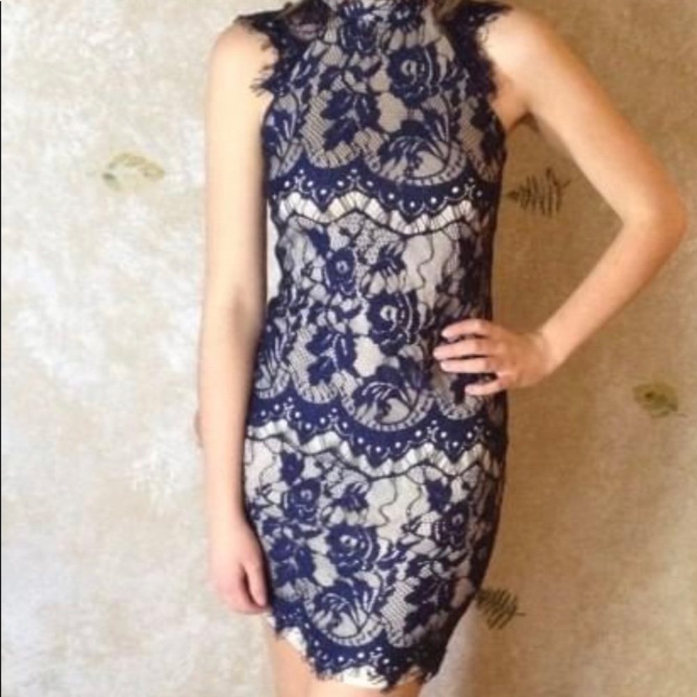 High neck blue lace dress